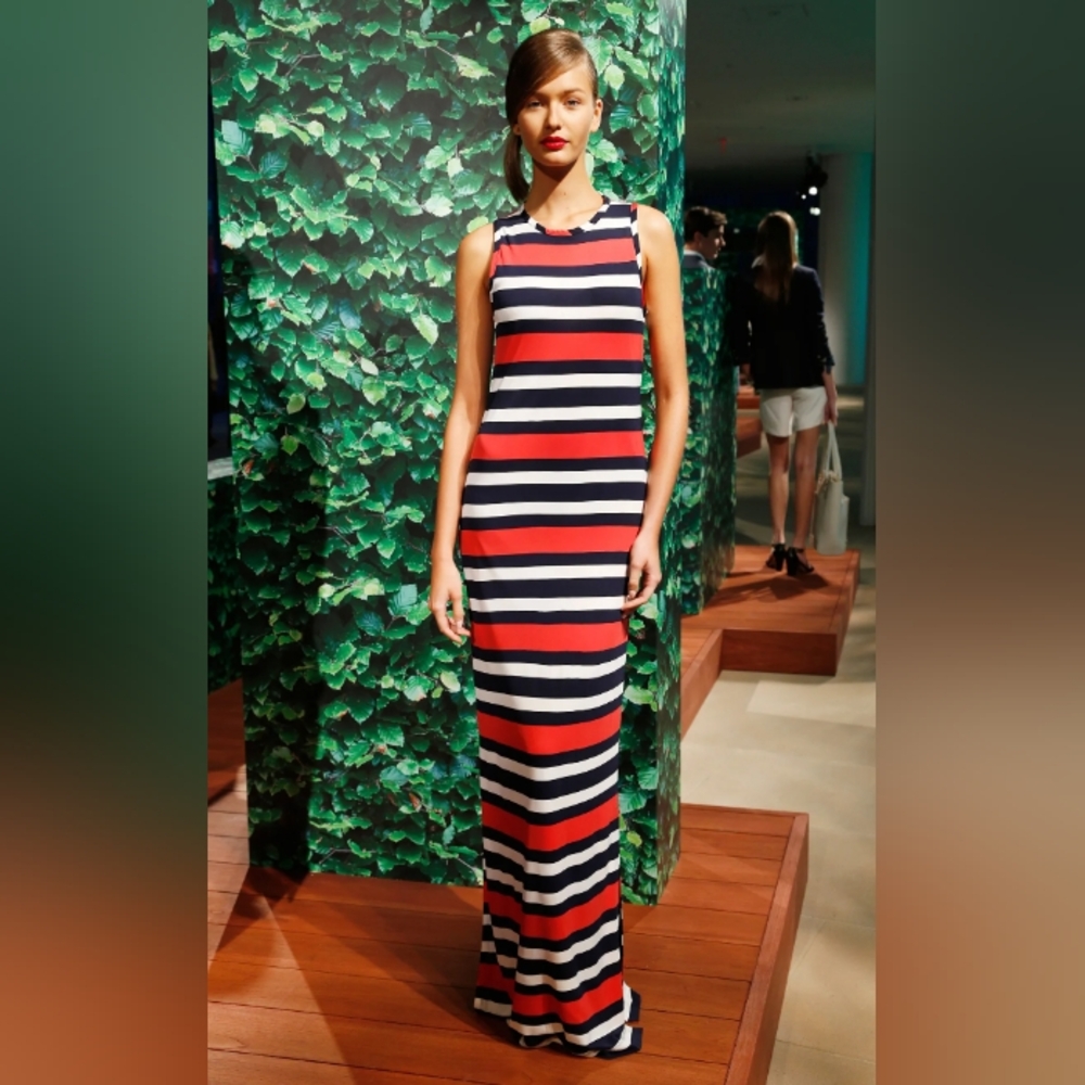 Banana Republic Women's Navy White Coral striped maxi, sleeveless dress Rayon S